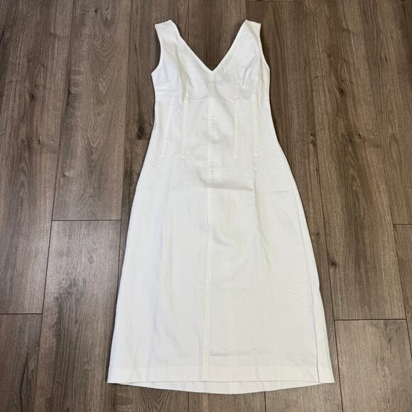 J.Crew Corset Midi Dress WMNS 2  White Stretch Twill V-Neck Sleeveless Back Zip - Picture 3 of 7